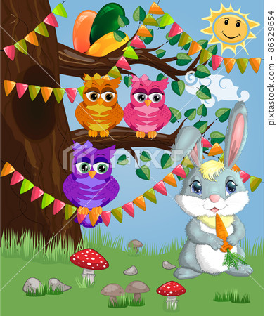 Bunny with a carrot in a forest glade. Spring, love, postcard 86329654