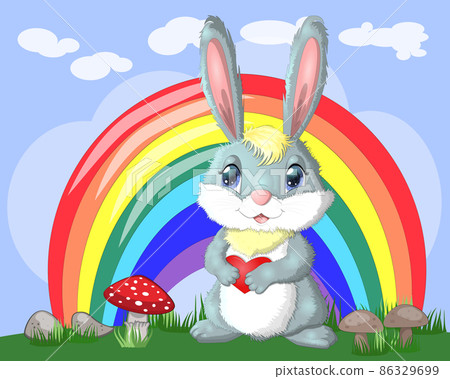 Bunny with a heart in a meadow near the rainbow. Spring, love, postcard 86329699