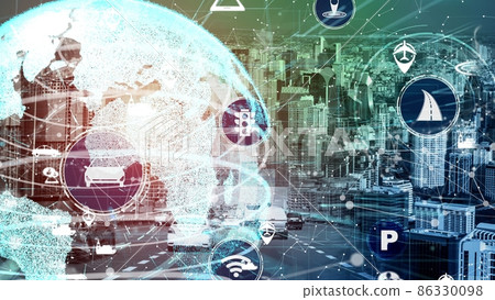Smart transport technology concept for future car traffic on newish city road Smart transport technology concept for future car traffic on newish city road 86330098