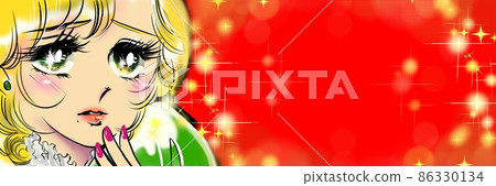 Wide size illustration of a 70's girl cartoon with a shy blonde girl and a sparkling background 86330134