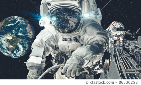 Astronaut spaceman do spacewalk while working for spaceflight mission 86330258