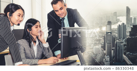 Business people wearing headset working in office broaden view 86330348