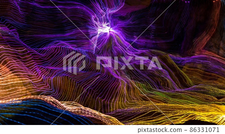 Abstract wave of digital weave lines connecting network dots and dark background Abstract wave of digital weave lines connecting network dots and dark background 86331071
