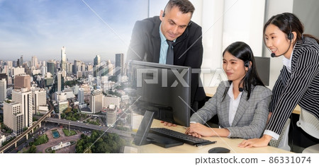 Business people wearing headset working in office broaden view 86331074
