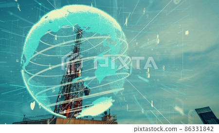 Telecommunication tower with 3D graphic of global business alteration 86331842