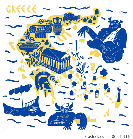 Vector hand drawn stylized map of Greece landmarks. Travel illustration. Hellenic Republic geography illustration. Europe map element 86331916