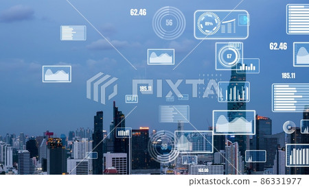 Business data analytic interface fly over smart city showing alteration future Business data analytic interface fly over smart city showing alteration future 86331977
