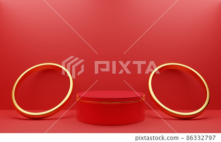 red podium with golden ring in the red room.3d rendering 86332797