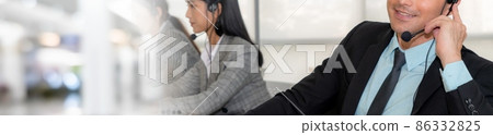 Call center or customer support agent in broaden view panorama banner Call center or customer support agent in broaden view panorama banner 86332825