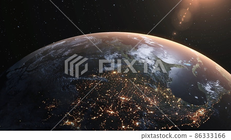 Planet earth with realistic geography surface and orbital 3D cloud atmosphere 86333166