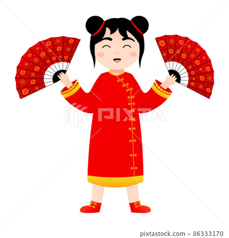 Cute girl in chinese national costume holding red fans in cartoon style for lunar new year decorative element 86333170