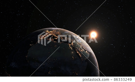Planet earth with realistic geography surface and orbital 3D cloud atmosphere 86333249