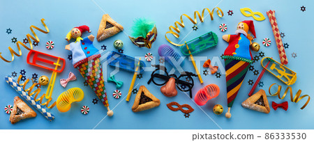 Purim, jewish carnival holiday celebration background. Top view, flat lay 86333530