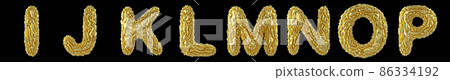 Realistic 3D letters set I, J, K, L, M, N, O, P made of crumpled foil. Collection symbols of crumpled gold foil isolated on black background. 86334192