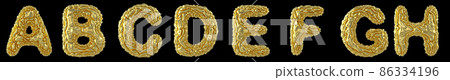 Realistic 3D letters set A, B, C, D, E, F, G, H made of crumpled foil. Collection symbols of crumpled gold foil isolated on black background. 86334196