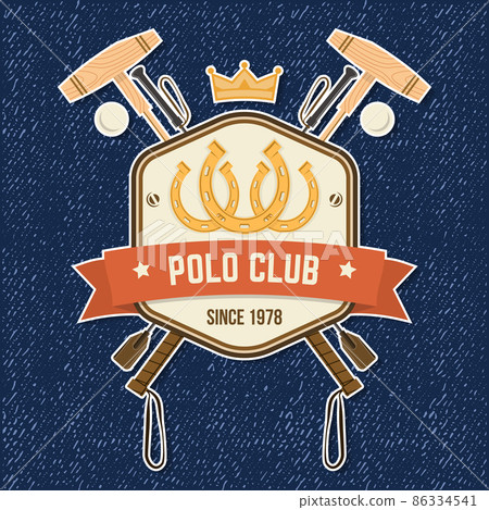 Polo club sport badge, patch, emblem, logo. Vector illustration. Color equestrian label, sticker with horseshoe and polo mallet silhouettes. Polo club competition riding sport. Polo club sport badge, patch, emblem, logo. Vector illustration. Color equestrian label, sticker with horseshoe and polo mallet silhouettes. Polo club competition riding sport. 86334541