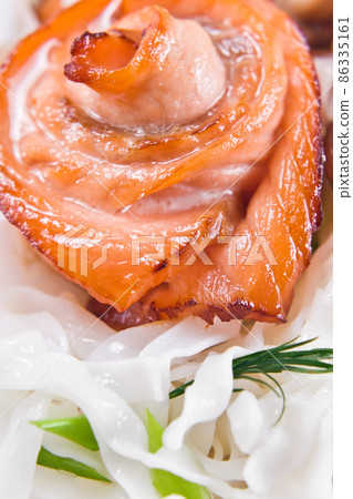 salmon with white japanese noodles salmon with white japanese noodles 86335161