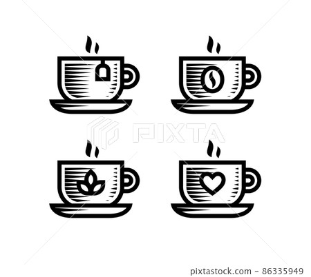 Set of vintage style coffee and tea cup icons isolated on white background. Vector pictograms perfect for packaging and restaurant menu design or catering logo Set of vintage style coffee and tea cup icons isolated on white background. Vector pictograms perfect for packaging and restaurant menu design or catering logo 86335949