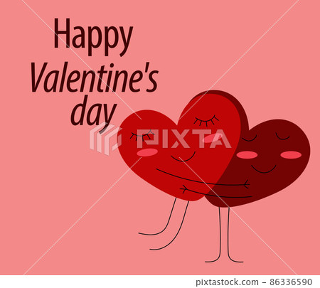 Card Happy Valentines Day. Two hearts with closed eyes and cheeks are hugging and in love and the 86336590