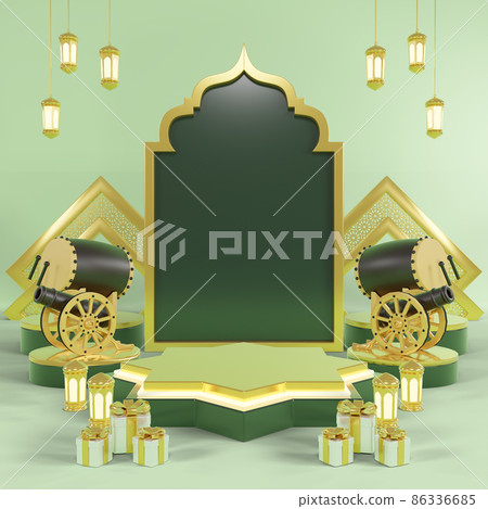 Islamic product display mock up. Podium, crescent moon, lantern, gift box. Ramadan, Islamic New Year. 3D rendering. PSD File. Islamic product display mock up. Podium, crescent moon, lantern, gift box. Ramadan, Islamic New Year. 3D rendering. PSD File. 86336685