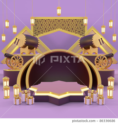 Islamic product display mock up. Podium, crescent moon, lantern, gift box. Ramadan, Islamic New Year. 3D rendering. Islamic product display mock up. Podium, crescent moon, lantern, gift box. Ramadan, Islamic New Year. 3D rendering. 86336686