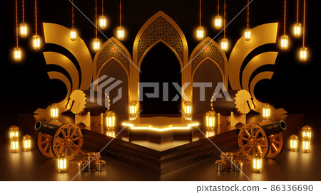 Islamic product display mock up. Podium, crescent moon, lantern, gift box. Ramadan, Islamic New Year. 3D rendering. 86336690