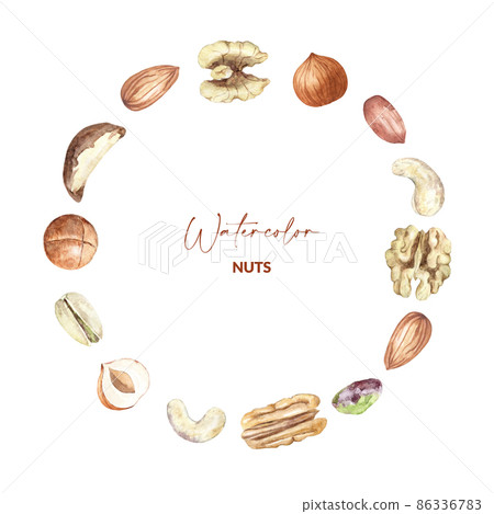 Nuts in round frame design. Raw pecan, walnut, almond, pistachio, peanut, macadamia, hazelnut and cashew. Hand drawn watercolor illustration of organic food for packaging, label, card. 86336783