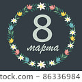 Greeting card or banner to the international womens day: Lettering March 8 with flowers wreath shape 86336984