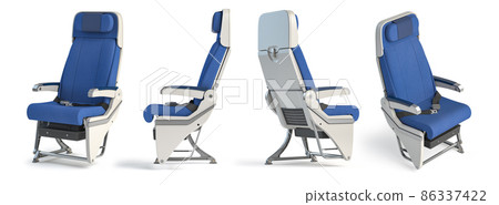 Airplane seat in different views. Aircraft interior armchair isolated on white background. 86337422