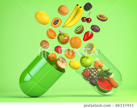 Different fruits in medical capsule, Vitamin dietary supplement and health nutrition concept. 86337455