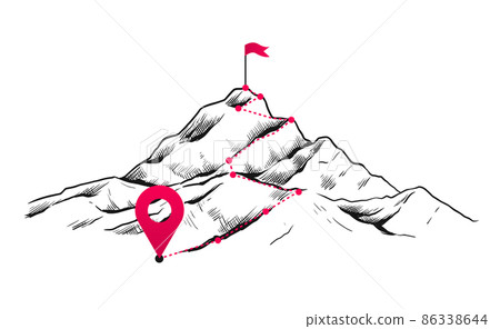Path to mountain success. Hand drawn progress and achievements concept with goals or route. Rock trail with flag. Mountaineering way plan. Development strategy. Vector business win Path to mountain success. Hand drawn progress and achievements concept with goals or route. Rock trail with flag. Mountaineering way plan. Development strategy. Vector business win 86338644