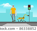 A robot dog helps a blind man cross the road. The robot dog turns on the green traffic light. The concept of robotic assistants. 86338852
