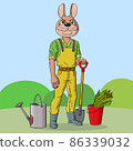 The rabbit is working in the garden. Grows carrots and various vegetables. Vector illustration. 86339032
