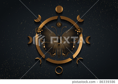 Beautiful butterflies with engraving and Phases of the moon. Wiccan symbol, full moon, waning, waxing, first quarter, gibbous, crescent, third quarter. Vector logo isolated on black golden starry sky 86339386