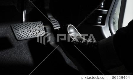 Accelerate and Brake. Foot pressing foot pedal of a car to drive ahead. Accelerator and brake pedal in a car. Driver driving the car by pushing accelerator pedals of the car. inside vehicle automobile Accelerate and Brake. Foot pressing foot pedal of a car to drive ahead. Accelerator and brake pedal in a car. Driver driving the car by pushing accelerator pedals of the car. inside vehicle automobile 86339494