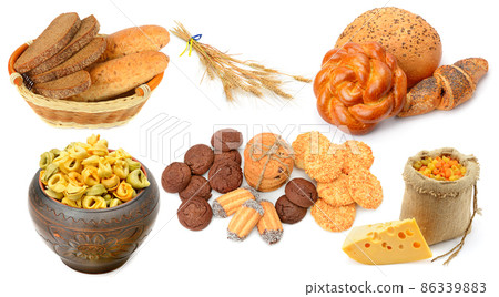 various bakery products and cookies isolated on a white background. Collage. various bakery products and cookies isolated on a white background. Collage. 86339883