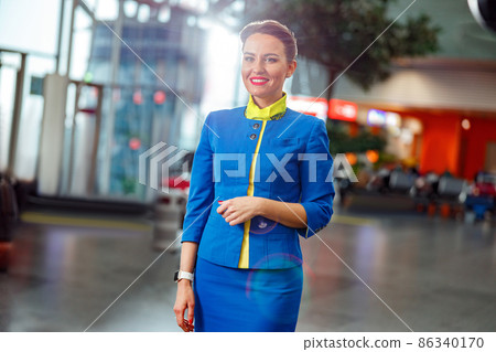 Cheerful flight attendant standing in airport terminal 86340170