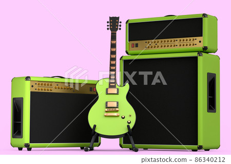 Classical amplifier with electric or acoustic guitar on stand isolated on pink background. 3d render of amplifier for recording bass guitar in studio or rehearsal room, concept for rock festival poste 86340212