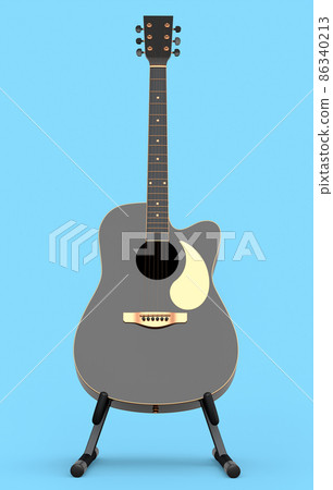 Electric acoustic guitar on stand isolated on blue background. 3d render of concept for rock festival poster with heavy metal guitar for music shop 86340213