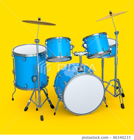 Set of realistic drums with metal cymbals on yellow background. 3d render concept of musical percussion instrument, drum machine and drumset Set of realistic drums with metal cymbals on yellow background. 3d render concept of musical percussion instrument, drum machine and drumset 86340215