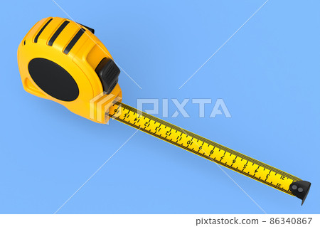 Yellow carpenter measuring tape isolated on blue with imperial units scale. Yellow carpenter measuring tape isolated on blue with imperial units scale. 86340867