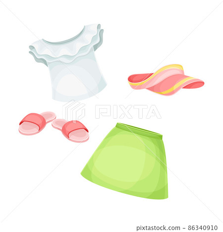 Summer clothes for girl set. Blouse, skirt, flip flops and vizor cartoon vector illustration Summer clothes for girl set. Blouse, skirt, flip flops and vizor cartoon vector illustration 86340910