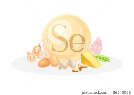 Sources of Selenium mineral. Egg, shrimp, mushroom, cheese, peas healthy nutrition food. Mineral vitamin supplement vector illustration 86340938