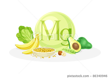 Sources of Mg mineral. Banana, nut, avocado, peas healthy nutrition food. Mineral vitamin supplement vector illustration Sources of Mg mineral. Banana, nut, avocado, peas healthy nutrition food. Mineral vitamin supplement vector illustration 86340946