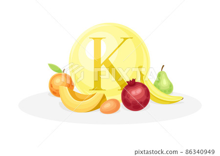 Sources of vitamin K. Apple, pear, watermelon, pomegranate, egg healthy nutrition food. Mineral vitamin supplement vector illustration 86340949