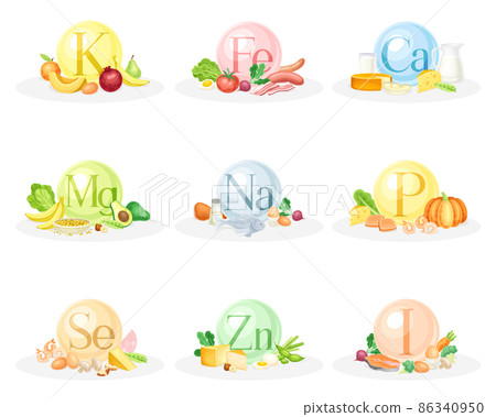 Sources of vitamins and minerals set. Healthy nutrition food and dietary supplements vector illustration 86340950