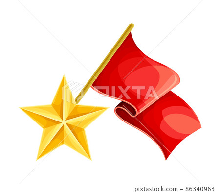 Gold five pointed star and red flag. May 9 Russian holiday victory sign vector illustration Gold five pointed star and red flag. May 9 Russian holiday victory sign vector illustration 86340963