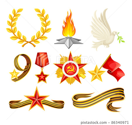 May 9 Russian holiday victory signs set. St. George Ribbon, Order of the Great Patriotic War, laurel wreath, quenchless flame, medal vector illustration May 9 Russian holiday victory signs set. St. George Ribbon, Order of the Great Patriotic War, laurel wreath, quenchless flame, medal vector illustration 86340971