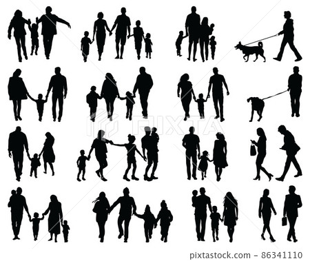Black silhouettes of families at walking on a white background 86341110