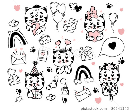 collection of vector cats in love. cat girl with heart and flowers and cat in birthday hat, love letters, rainbow and winged heart and balloons. Vector illustration. Isolated linear hand drawn doodles 86341343